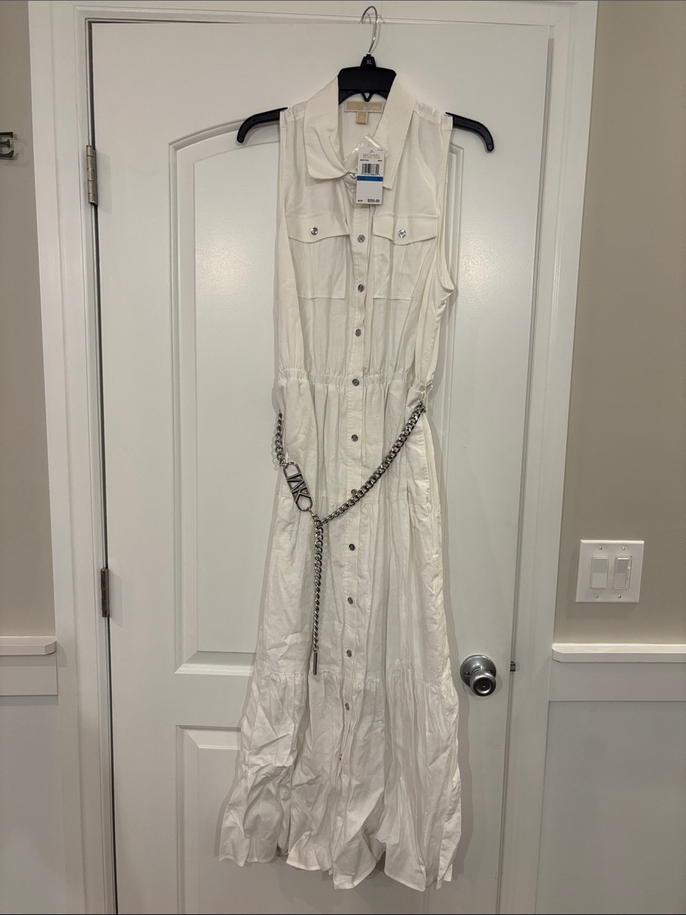 MICHAEL Michael Kors White Sleeveless Maxi Shirt Dress with Chain Belt